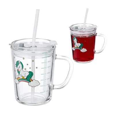 Afbeelding van Relaxdays drinkglazen set van 2 eenhoorn design kinderglazen deksel transparant