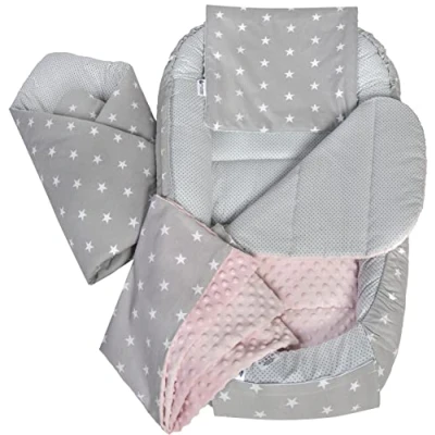 Afbeelding van Medi Partners Babycocon, 5 elementen, 100 x 60 15 cm, 100% katoen, babybedverkleiner, hoofdkussen, deken, afneembaar inzetstuk (grijze sterren met lichtroze minky)