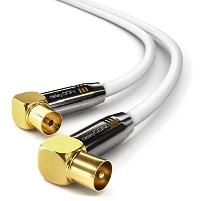 Afbeelding van deleyCON 3m TV Antennekabel HDTV Full HD 2x Hoekig Coaxkabel Stekker (90 Graden) naar Aansluiting Metalen Wit