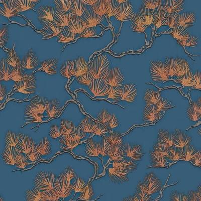 Afbeelding van Behang Pine Tree goudkleurig en blauw