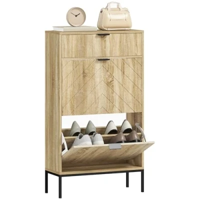 Afbeelding van HOMCOM Opklapbare schoenenkast 60x24x105,5cm Panneau de particules Chêne