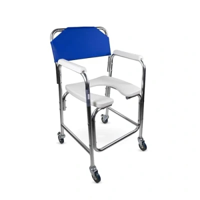 Afbeelding van Mobiclinic Manzanares toiletstoel voor volwassenen en handicap verrijdbare aluminium mobiele gewatteerde armleuningen blauw