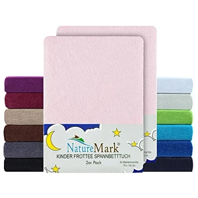 Afbeelding van NatureMark Set van 2 hoeslakens voor kinderen, badstof, zacht, behaaglijk, babybed en kinderbed, 70 x 140 cm, roze