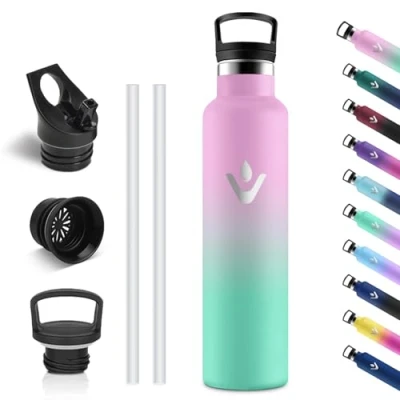 Afbeelding van Vikastar 1 liter roestvrijstalen thermosfles, BPA vrij, met rietje, voor school, sport, fietsen en kamperen, lichtroze lichtgroen