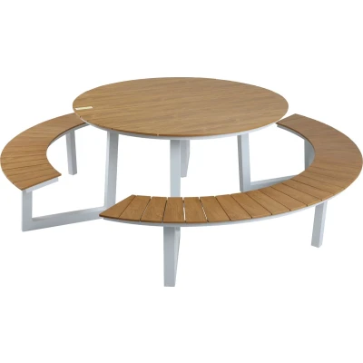 Afbeelding van AXI Taco Picknicktafel met 2 banken Rond Wit Teak look Polywood Gepoedercoat aluminium frame Tafel en tafelblad zitvlak 200x190cm