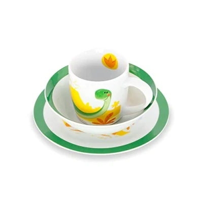 Afbeelding van GREENBOX Porseleinen tafelservies voor kinderen, 3 delig ontbijtservies, vaatwasmachinebestendig, witte bekerset met motief, cadeau ideeën servies