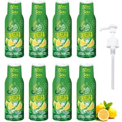 Afbeelding van FruttaMax 8 stuks koolhydraatarme fitnesssiroop als cadeau geen suiker met stevia 50 60% fruit (8 x 500 ml) groene thee limoen light)