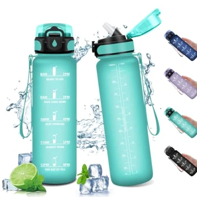 Afbeelding van bouteille d&#039;eau 1L, avec paille, anti fuite, en plastique réutilisable, de sport indicateur temps motivation, sport, camping