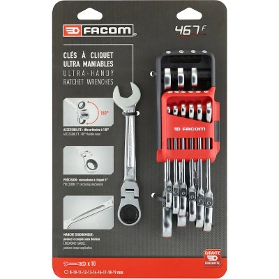 Afbeelding van Facom Set van 10 scharnierende steekringratelsleutels in houder 467BF.JP10PB