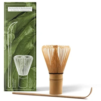 Afbeelding van bezem en lepel set handgemaakte bamboe (Chasen) met (Chashaku) voor de traditionele bereiding van matcha thee
