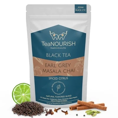 Afbeelding van TeaNOURISH Earl Grey Masala Chai Tea Spiced Citrus Blend of Assam CTC, kardemom, kaneel, zwarte peper, clove, natuurlijk bergamot extract 100% 100 g