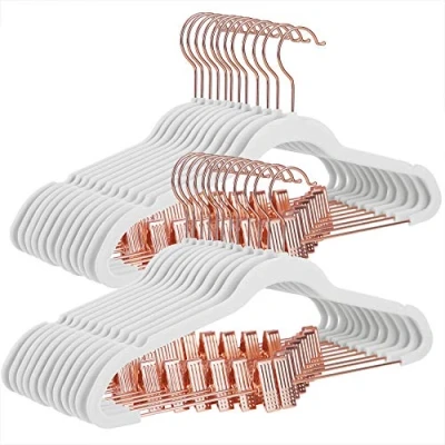 Image de SONGMICS cintres pour Pantalons, 24 pièces, 42 cm, avec Pinces réglables et Crochet Couleur Or Rose, Cintre en Velours antidérapant, Peu encombrant, Jupes, Blanc CRF014W01, Standard