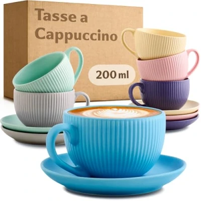 Afbeelding van Cosumy Tasse à Cappuccino avec Soucoupe 200ml 6 Café Anse Unique motif rayures Céramique mat Lavable en lave vaisselle Pastel
