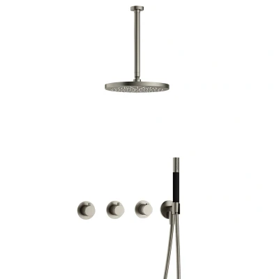 Afbeelding van Hotbath Cobber Regendoucheset IBS70 Geborsteld Nikkel Staaf handdouche 30cm Hoofddouche Plafondbuis Handouche met wandhouder