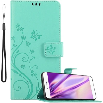 Afbeelding van Cadorabo Hoesje geschikt voor Huawei P8 in BLOEMEN TURKOOIS Beschermhoes bloemmotief met magnetische sluiting, standfunctie en kaartsleuven Book Case Cover Etui