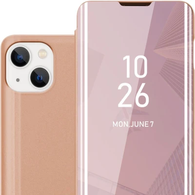 Afbeelding van Cadorabo Hoesje geschikt voor Apple iPhone 14 PLUS in KUNZIET ROZE Clear View Spiegel Beschermende Case met Tribunefunctie 360 Graden Bescherming Book Cover Etui