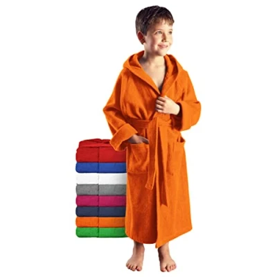 Afbeelding van Arus Badjas voor kinderen, meisjes, jongens en jongeren, met capuchon, 100% katoen, badstof, badhanddoek ultrazacht licht, Oranje