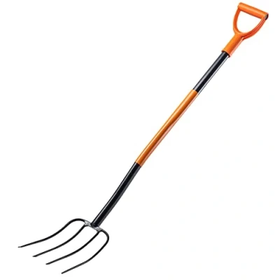 Afbeelding van KADAX Hooivork van staal, 132 cm lang, hooivork, graafvork, ergonomische tuinvork met D greep (4 tanden, zwart/oranje)