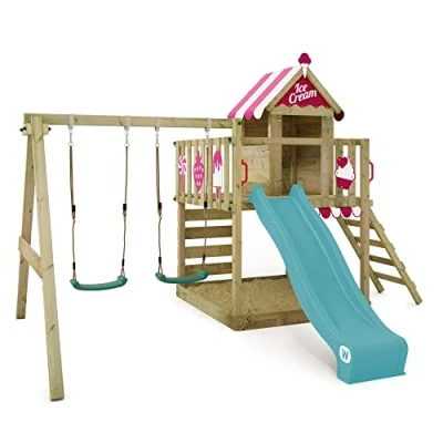 Afbeelding van WICKEY Speeltoestel Smart Candy met schommel en turquoise glijbaan, Houten speeltuig, Klimtoestel voor buiten zandbak klimladder, Speelhuis kinderen
