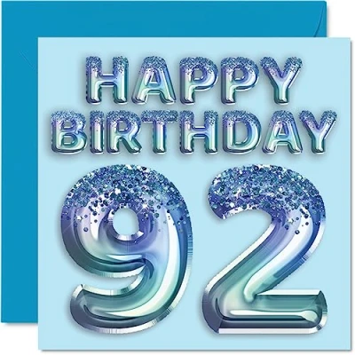 Afbeelding van Verjaardagskaart 92e verjaardag heren blauwe glitterfeestballon verjaardagskaarten voor mannen van 92 jaar, overgrootvader, opa,