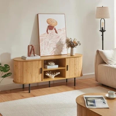 Afbeelding van [en.casa] tv meubel Scandinavisch design, bank, moderne tafel, met 2 uittrekbare vakken, kabeldoorvoer, MDF, bamboe, metaal, 140 x 40 55 cm, natuur, zwart