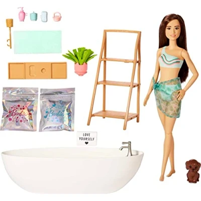 Afbeelding van Barbie HKT93 pop en bad met puppy, kinderspeelgoed, brunette, kleurrijke confettizeep accessoires, verzorging wellnessthema,
