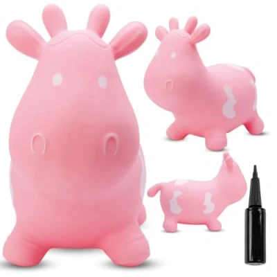 Afbeelding van Opblaasbaar springdier, speelgoed voor kinderen van 1 jaar binnen en buiten, ergonomisch design, inclusief handpomp (roze koe)