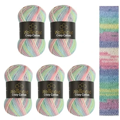 Afbeelding van Wollbiene Crazy Cotton Batik 5 x 100 g, 500 g met kleurverloop, 55% katoen, meerkleurig, breiwol, haakwol, voor alle seizoenen (groen, roze, wit, pastel)