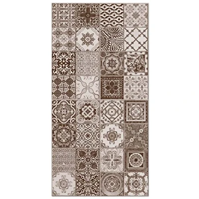 Afbeelding van Panorama Nijar Vloerkleed van vinyl, cementtegels, bruin, 40 x 80 cm Keukentapijt pvc, linoleum, antislip, wasbaar, vuurvast, tapijt voor keuken, kantoor, woonkamer, vloerbescherming