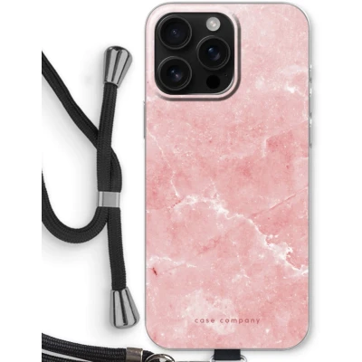Afbeelding van Case Company® hoesje met Koord geschikt voor iPhone 16 Pro Max Roze marmer Telefoonhoesje Zwart Bescherming aan alle Kanten en Over de Schermrand