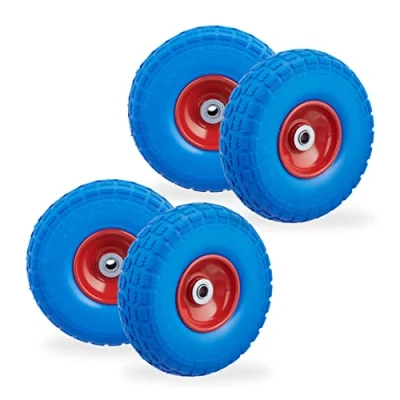 Afbeelding van Relaxdays 4x steekwagenwiel 4.1/3.5 4 rubber bolderkarwiel antilekband blauw rood