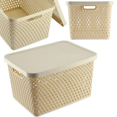 Afbeelding van KADAX Opbergmand, mand met deksel, opbergdoos, kunststof moderne plankmand, container ventilatiegaten (18 l, beige)