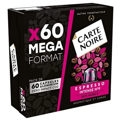 Afbeelding van Carte Noire, Espresso Intense, aluminium capsules compatibel met Nespresso, 1 verpakking 60 koffiepads, 100% Arabica, noten van gedroogde vruchten en chocolade, intensiteit 9/10, rijke
