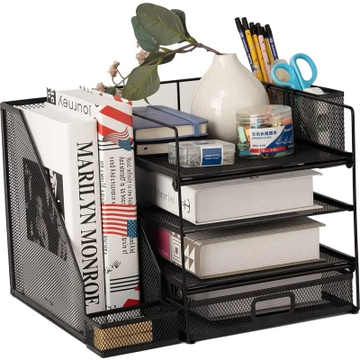 Afbeelding van bureau organizer met aktetas, bestandsorganizer 4 niveaus lade en penhouder, van mesh accessoires tijdschriftenhouder voor benodigdheden
