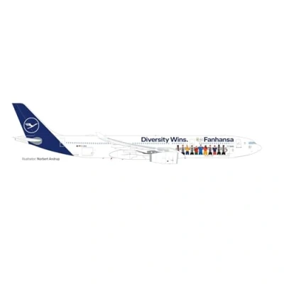Afbeelding van Herpa Lufthansa A330 Fanhansa vliegtuigmodel Diversity Wins D AIKQ, schaal 1:500, model, verzamelstuk, vliegtuig zonder standaard, metalen figuur