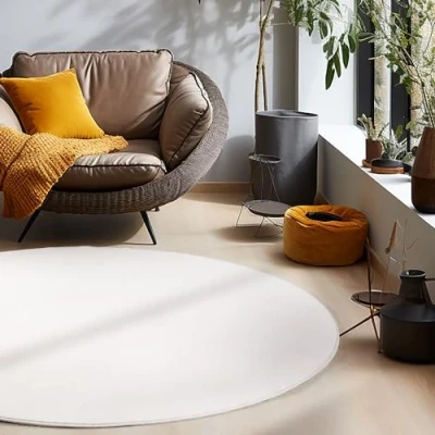 Afbeelding van HomebyHome Vloerkleed, 160 cm, rond, naturel, wasbaar, laagpolig, effen, modern design, antislip, extra zacht, pluizig, voor woonkamer, keuken, slaapkamer, kinderkamer