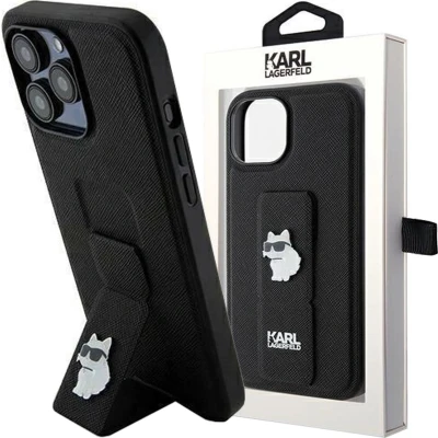 Afbeelding van Karl Lagerfeld Gripstand Saffiano Choupette Pins hoesje voor iPhone 13 Pro Max zwart