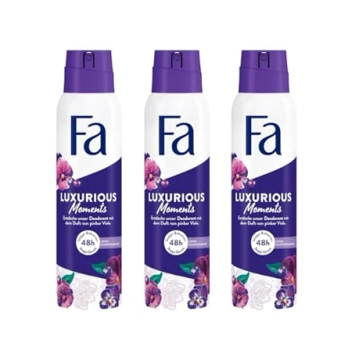 Afbeelding van Fa Luxurious Moments 3 x 150 ml deodorantspray met luxe geur van felroze violet zonder aluminium voor tot 48 uur bescherming, deodorantresten op kleding achter te laten