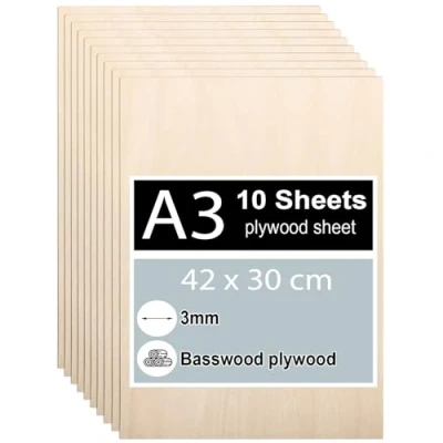 Afbeelding van 10 stuks multiplexplaten 3 mm, A3, 42 x 30 cm, lindemultiplex, dun gesneden, houten platen voor doe het zelf, houtbewerking, laserwerk, brandschilderen,