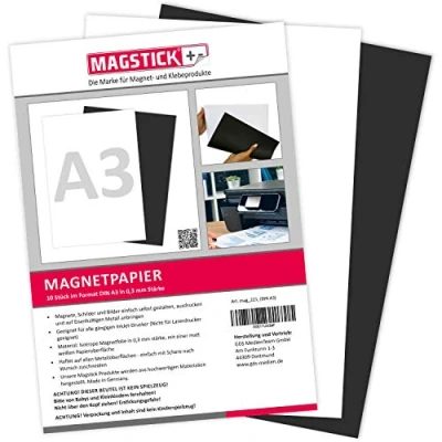 Afbeelding van 10 vellen magnetisch papier, wit, DIN A3, doe het zelf, magnetische achterkant, met gangbare inkjetprinter, bedrukbaar, om te schrijven, af drukken of als fotopapier, mag_221