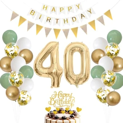 Afbeelding van Decoratieve ballon voor de 40e verjaardag, saliegroen, folieballon met cijfer 40, verjaardag taartdecoratie