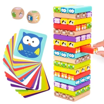 Afbeelding van Nene Toys Houten Vallende Toren voor Kinderen 4 in 1 met Dieren en Kleuren Gezelschapsspel Meisjes Jongens van 3 9 Jaar Oud Educatief Speelgoed dat Cognitieve Vaardigheden Ontwikkelt