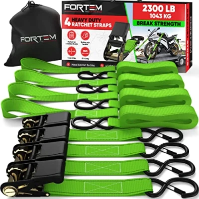 Afbeelding van FORTEM Spanbanden, draagvermogen 1043 kg, 4 sleepriemen van 4,5 m, zachte gespen, motorfiets sjorriemen, rubberen handgreep, gecoate metalen haken, draagtas (groen)