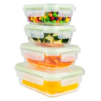 Afbeelding van Home Fleek Luchtdichte glazen voedselcontainer, bewaardoos voor levensmiddelen, ruimtebesparende container magnetron en vriezer (set van 4, groen)