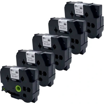 Afbeelding van DULA Brother Compatible label tape Tze 951 5 cassettes P Touch Zwart op zilver 24mm x 8m