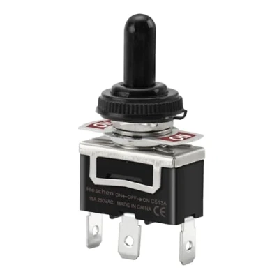 Afbeelding van Heschen Metalen tuimelschakelaar, C513A, SPDT, vastgehouden (ingeschakeld), aan/uit, 3 standen, 15 A, 250 VAC, lipjes, CE, met waterdichte dop