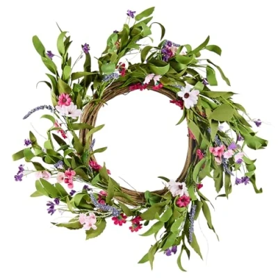 Image de VEVOR Couronne décorative artificielle 55,88 cm rose et vert avec marguerites