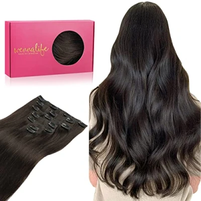 Afbeelding van WENNALIFE Clip in haarextensies, echt Remy haar, 60 cm, 120 g, 7 stuks, donkerbruin