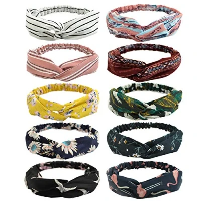Afbeelding van DRESHOW Boho haarband voor vrouwen, vintage, bloemen, bedrukt, criss cros, geknoopt, elastisch, haarband, twisted, schattig, 10 stuks