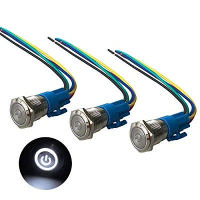 Afbeelding van QitinDasen 3 stuks premium 12 V/24 V 5 A, zelfblokkerende drukknopschakelaar, 16 mm, witte led schakelaar, waterdicht, IP67, met stekkerkabel